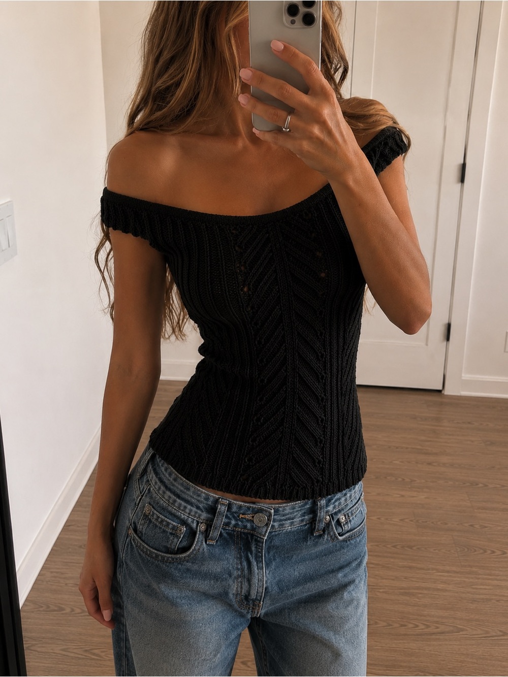 Banana Republic Black Pointelle Knit Off
Shoulder Top